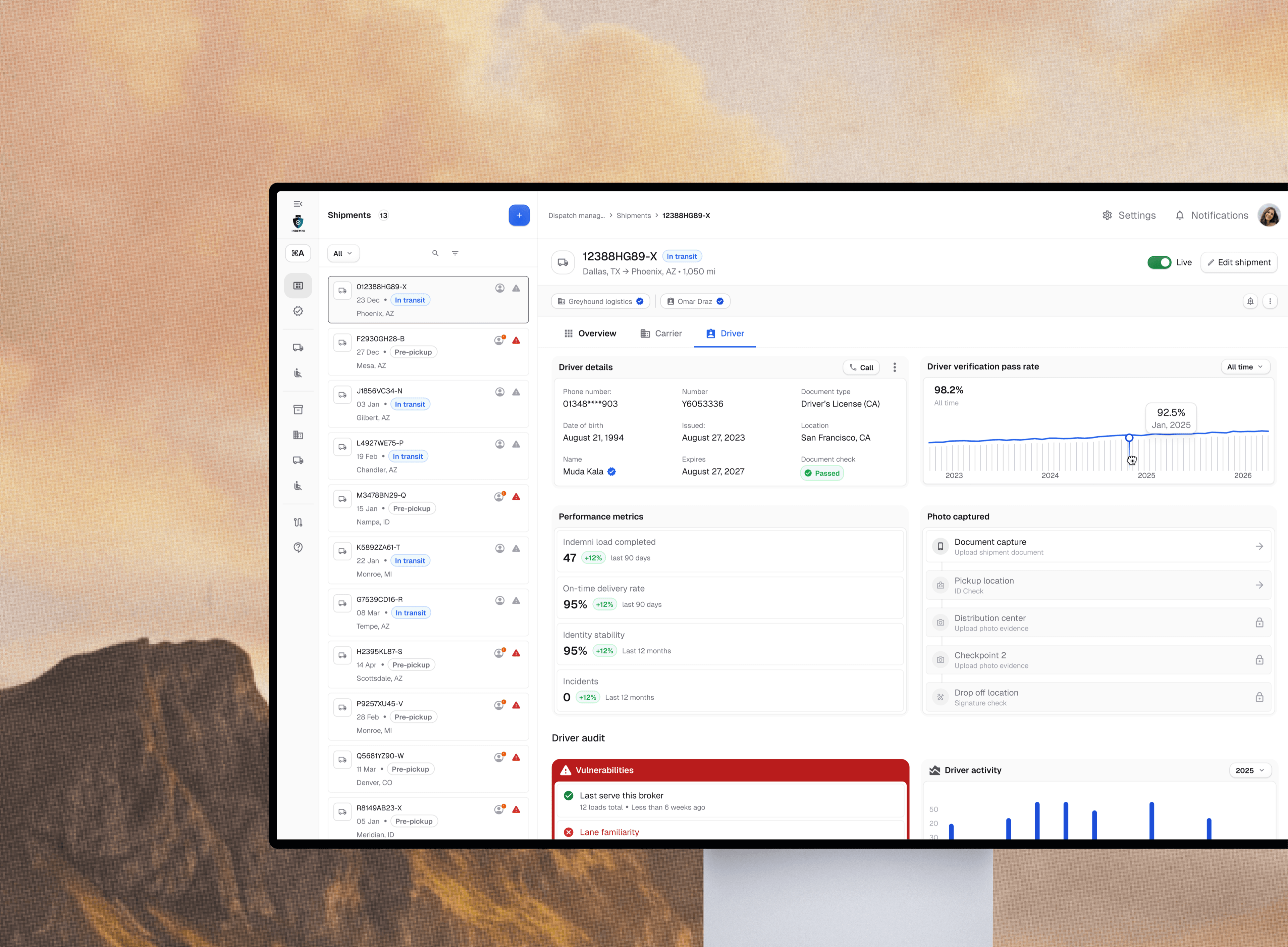 Indemni shipments dashboard